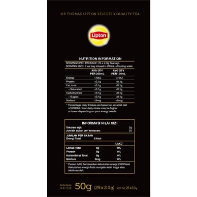 Lipton Decaffeinated Stl 25x2g - Sir Thomas Lipton, varian teh kualitas premium dari Merk teh no 1 didunia, Lipton
